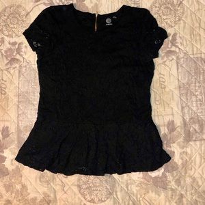 Black lace top with peplum hem. Size L